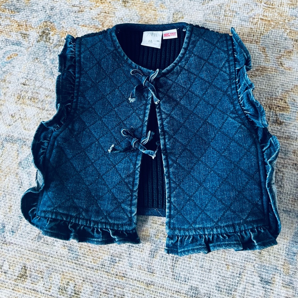 Adorable Zara Toddler Quilted Denim Vest with Ruffle Trim - Navy